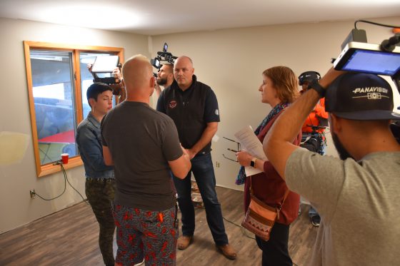 Pre-shoot rehearsal with Chad Huennekens, president, United States Alliance Fire Protection, Ryan Stanley, Designing Spaces Host, Peg Paul, PPA Communications and Christi Arce, producer, designing Spaces.